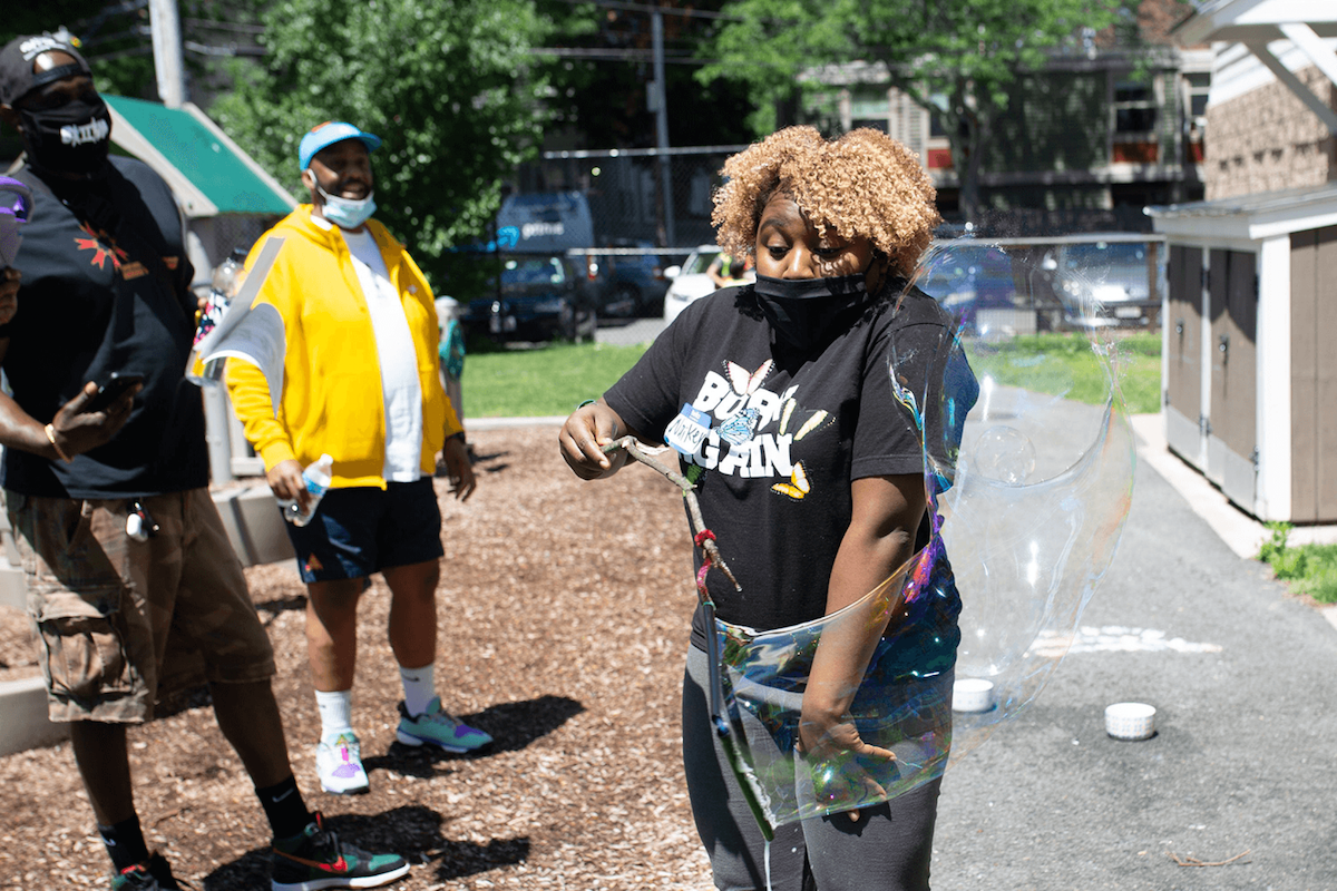 Participants made bubble wands using twigs and other materials. 