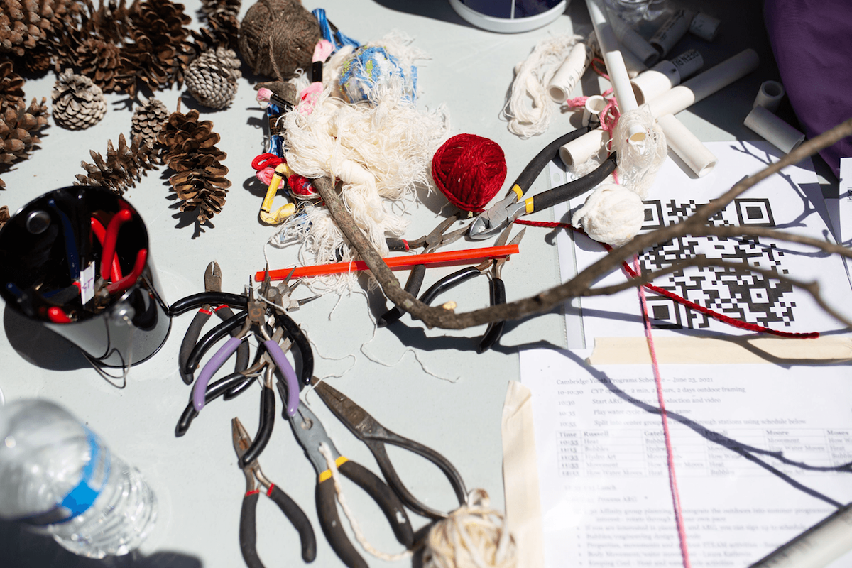 Materials used for the bubble wand activity, plus a QR code.