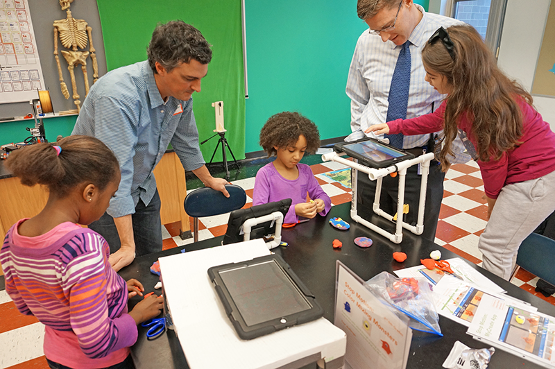 Principal Mark Hurrie, students, and parent volunteer at the launch of the Kennedy School Makerspace and Innovation Center (December 2015)