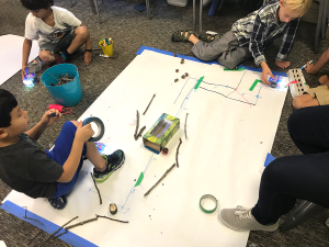 Wonderlab students engaged in making: using BeeBots, recyclables, and natural materials to design their own forrest pathways